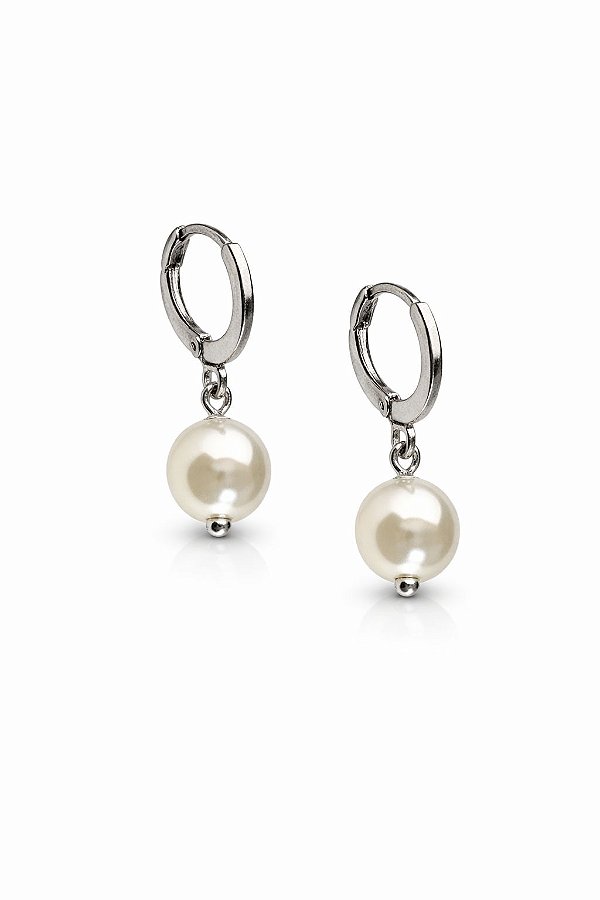 Brinco Argola Clique Pingente Pérola Rhodium Branco