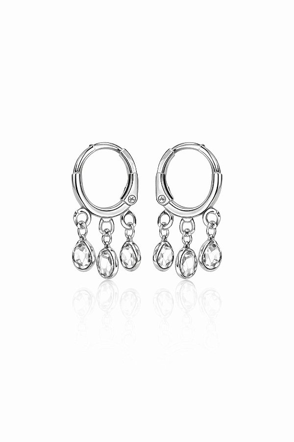 Brinco Argola Clique Pingente Triplo Rhodium Branco