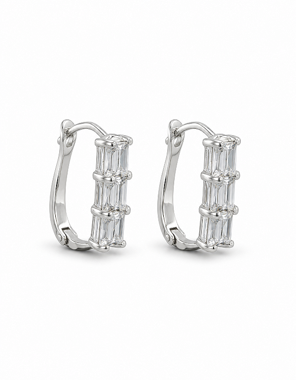 Argola Zircônias Baguete Rhodium Branco