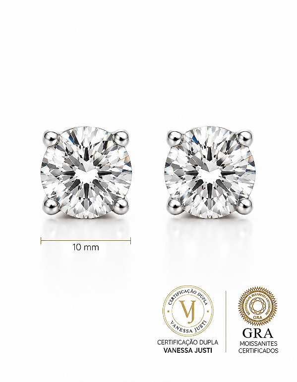 Brinco Solitário 10mm Clássico Moissanite 8ct