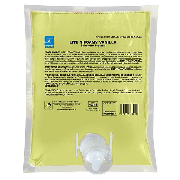 Lite n Foamy Vanilla 600 Ml Com Válvula Sabonete Espuma Com Aloe Vera E Vitamina E - Spartan