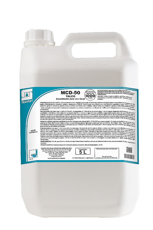 Kit C/ 2 MCD-50 TALCO 5 Litros Limpador C/ Ação Bactericida Spartan