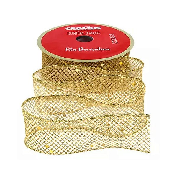 Fita Decorativa Aramada - " Dourada com Brilho " - Crumos Natal - 1 unidade  - Rizzo - Rizzo Balões
