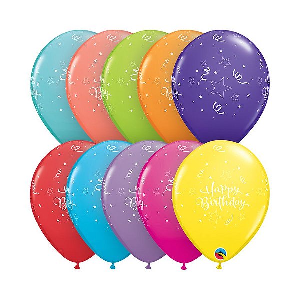 Balão de Festa Látex Liso Decorado - Happy Birthday Estrelas Brilhantes -  11" 28cm - 6 un - Qualatex Outlet - Rizzo - Rizzo Balões
