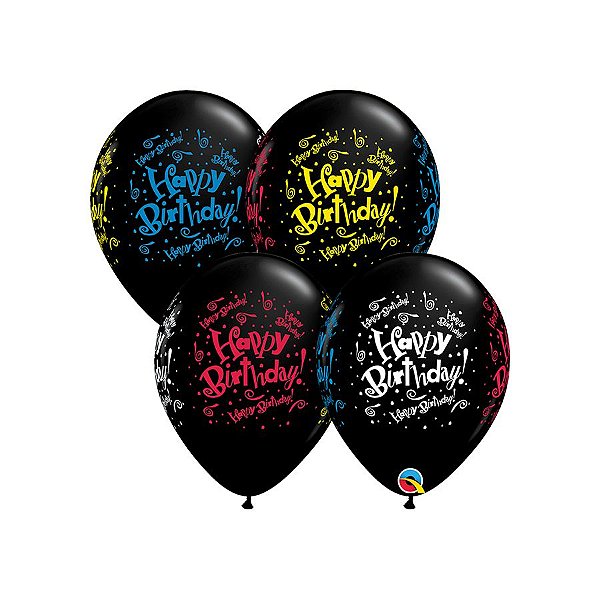 Balão de Festa Látex Liso Decorado - Happy Birthday Farra! Preto - 11" 28cm - 50 unidades - Qualatex Outlet - Rizzo