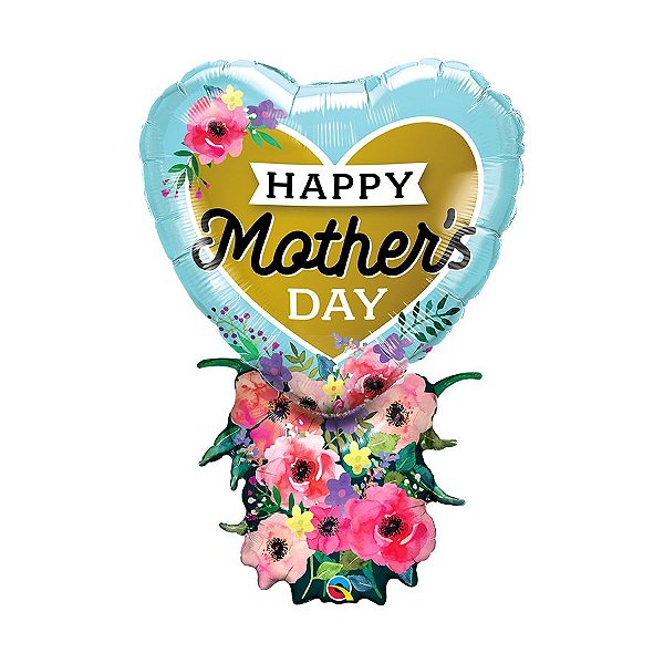 Balão de Festa Microfoil 38" 97cm - Happy Mother's Day Coração de Flores - 1 unidade - Qualatex Outlet - Rizzo