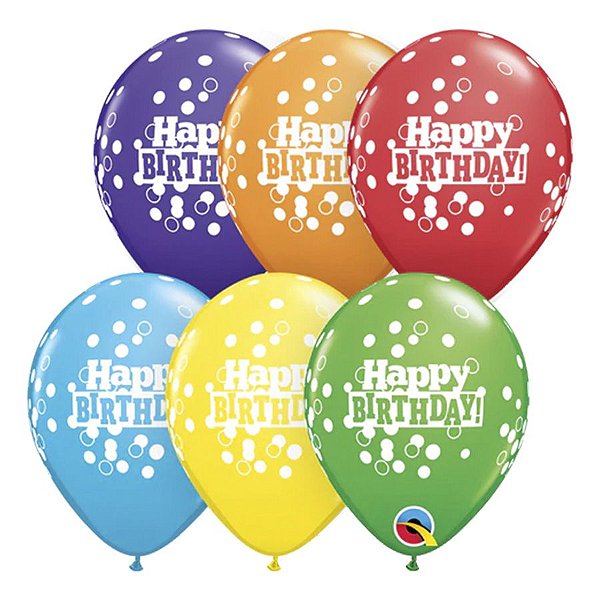 Balão de Festa Látex Liso Decorado - Happy Birthday Confetes Sortido - 5" 12cm - 100 unidades - Qualatex Outlet - Rizzo