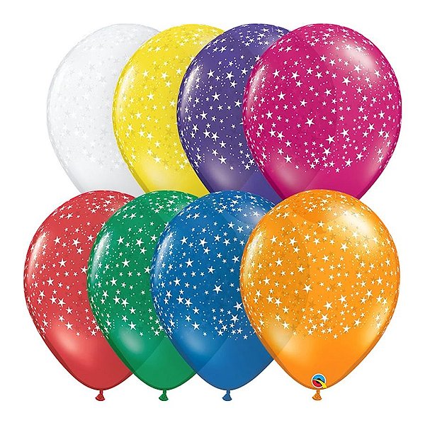 Balão de Festa Látex Liso Decorado - Estrelas Sortido - 11" 27cm - 50 unidades - Qualatex Outlet - Rizzo