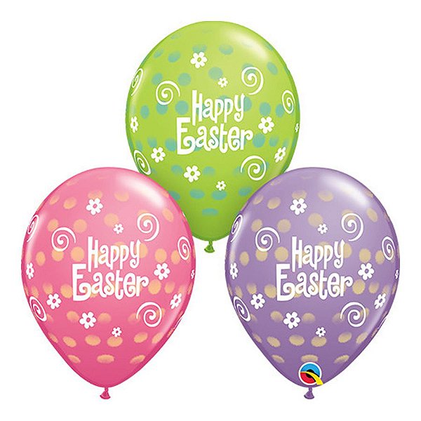 Balão de Festa Látex Liso Decorado - Happy Easter Dots Sortido - 11" 27cm - 50 unidades - Qualatex Outlet - Rizzo