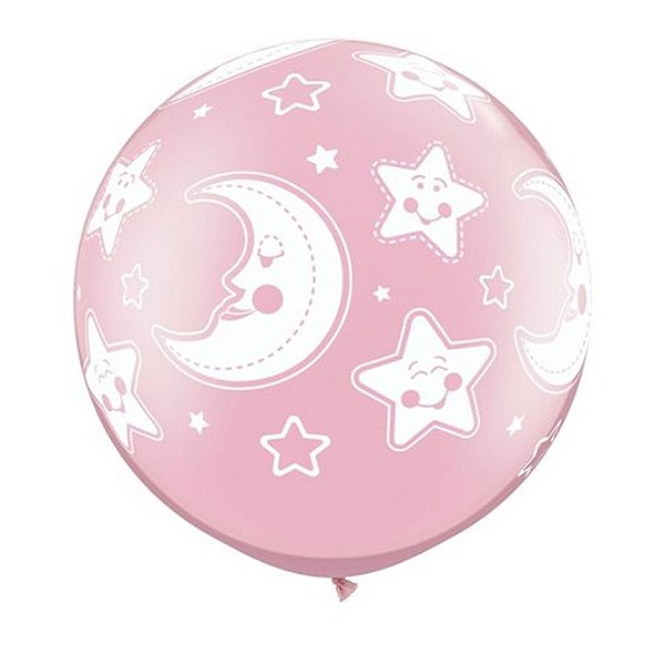 Balão de Festa Látex Liso Decorado - Lua e Estrela Rosa - 30" 76cm - 2 unidades - Qualatex Outlet - Rizzo