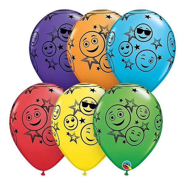 Balão de Festa Látex Liso Decorado - Carinhas Sorridentes Sortidos - 11" 27cm - 50 unidades - Qualatex Outlet - Rizzo