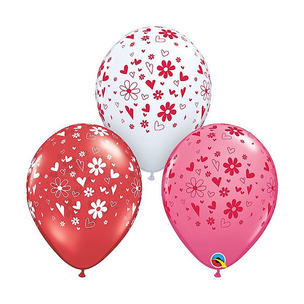 Balão de Festa Látex Liso Decorado - Corações e Margaridas Sortido - 11" 27cm - 50 unidades - Qualatex Outlet - Rizzo