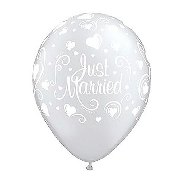 Balão de Festa Látex Liso Decorado - Just Married! Transparente - 11" 27cm - 50 unidades - Qualatex Outlet - Rizzo