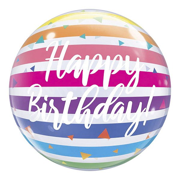Balão de Festa Bubble 22" 55cm - Happy Birthday! Listras Brilhantes - 1 unidade - Qualatex Outlet - Rizzo