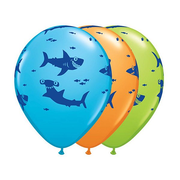 Balão de Festa Látex Liso Decorado - Tubarões Divertidos Sortidos - 11" 27cm - 50 unidades - Qualatex Outlet - Rizzo