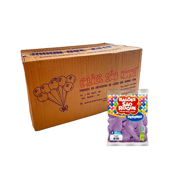 Balão de Festa Látex Liso 8'' - Lilás Baby - Caixa com 25 pacotes - 1250 unidades - Atacado São Roque - Rizzo