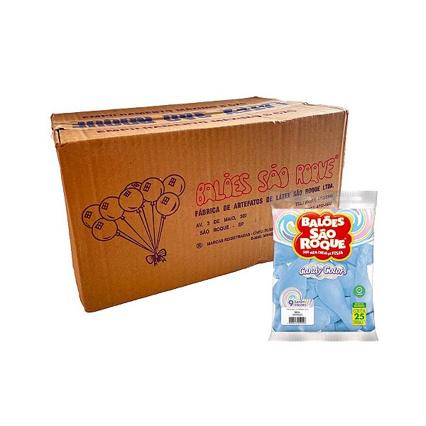 Balão de Festa Látex Candy Colors 9''23cm - Azul - Caixa com 25 pacotes - 625 unidades - Atacado São Roque - Rizzo