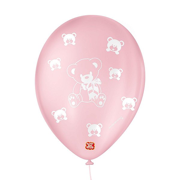 Balão de Festa Decorado Ursinho - Rosa Baby e Branco 9" 23cm - 25 Unidades - Balões São Roque - Rizzo Balões