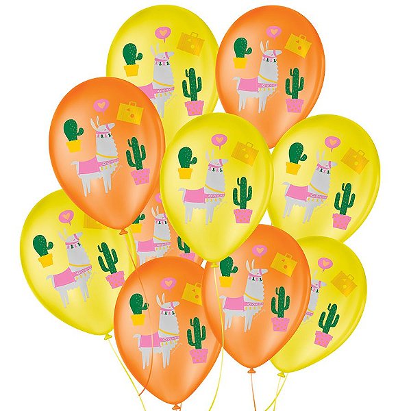 Balão de Festa Decorado Lhama Amarelo e Laranja - Sortido 9" 23cm - 25 Unidades - Balões São Roque - Rizzo Balões