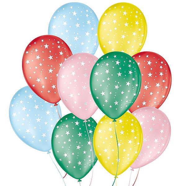 Balão de Festa Decorado Estrela - Sortido 9" 23cm - 25 Unidades - Balões São Roque - Rizzo Balões