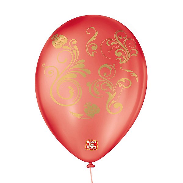 Balão de Festa Decorado Arabesco - Vermelho Quente e Dourado - Balões São Roque - Rizzo