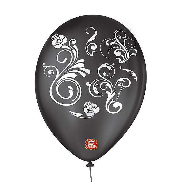 Balão de Festa Decorado Arabesco - Preto Ébano e Branco Polar - Balões São Roque - Rizzo