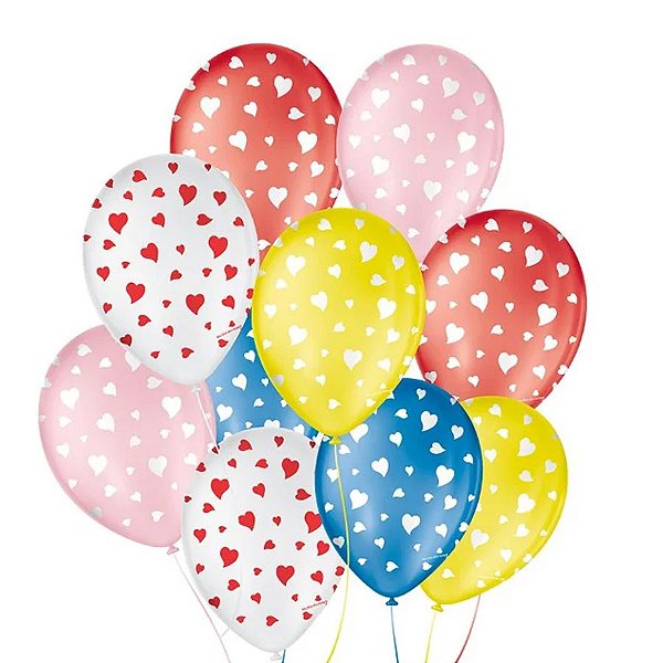 Balão de Festa Decorado Coração - Sortido 9" 23cm - 25 Unidades - Balões São Roque - Rizzo Balões