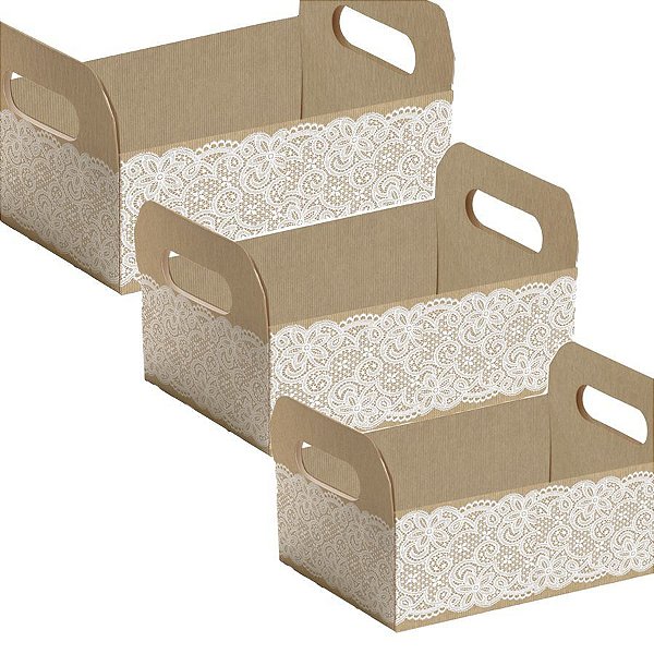 Caixote de Papel Cartão para Box de Luxo Kraft com Renda - 01 unidade - Cromus Páscoa - Rizzo Balões