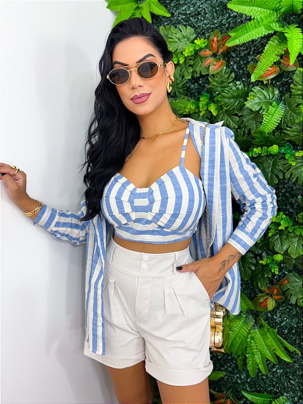 Conjunto Camisa E Cropped Listrado Azul