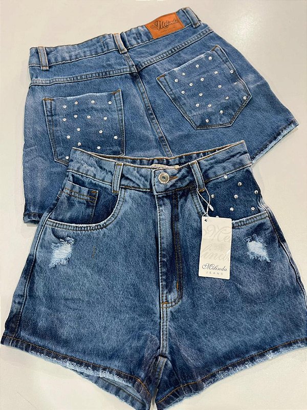 Shorts Jeans Feminino Hot Pants com Brilho e Detalhes Destroyed