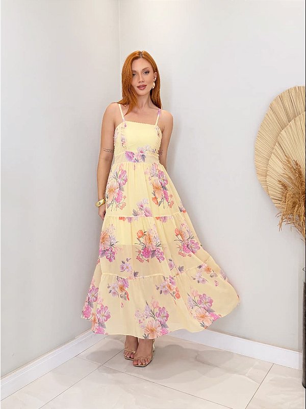Vestido Midi em Musseline Floral com Bojo e Alças Ajustáveis