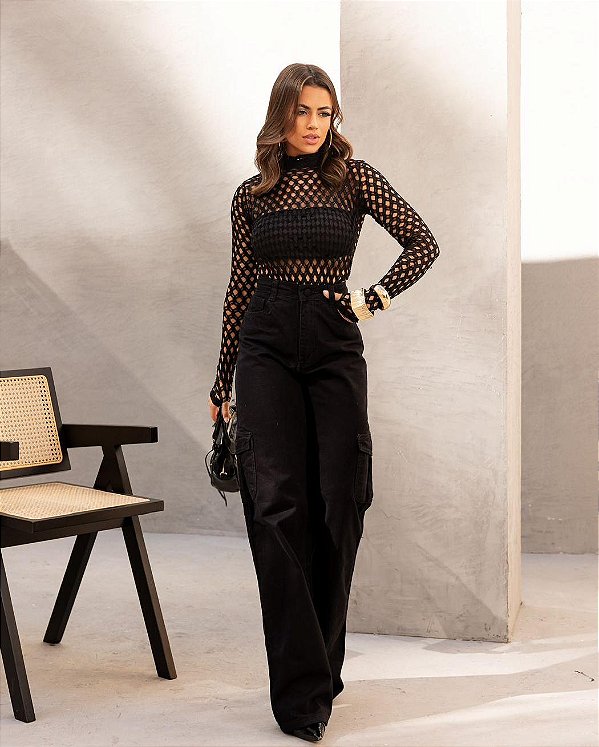 Calça Jeans Cargo Wide Leg Black Premium