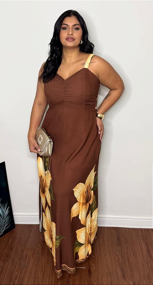 Vestido Longo Plus Size em Viscolinho Floral