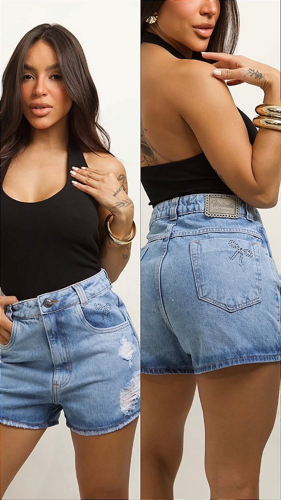 Short Jeans Feminino Cintura Alta Destroyed Sem Lycra