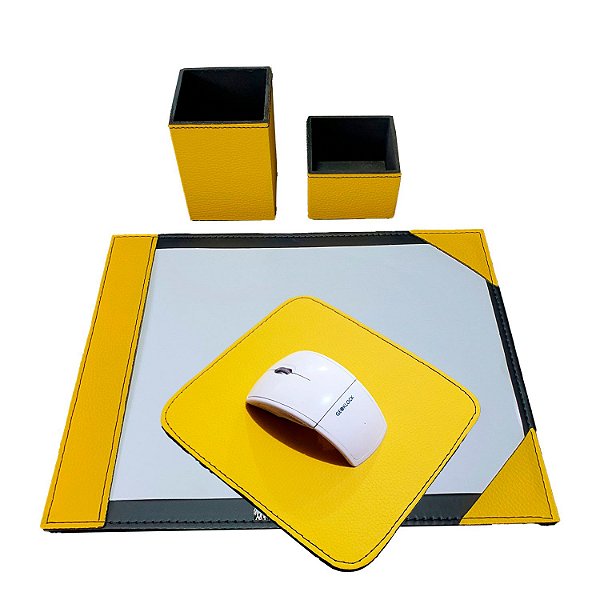 Kit Risque A4, Mouse Pad e Porta Canetas e Clips - Amarelo e Preto