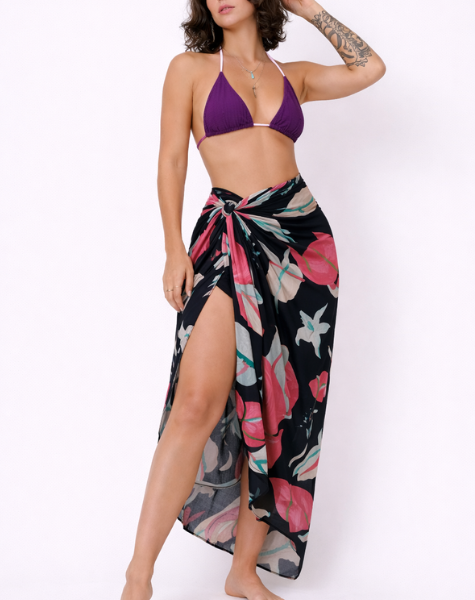 Canga Pareô Estampado Floral Preto