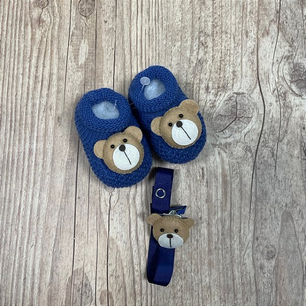 Sapatinho Urso com Prendedor de Chupetas - Azul Jeans