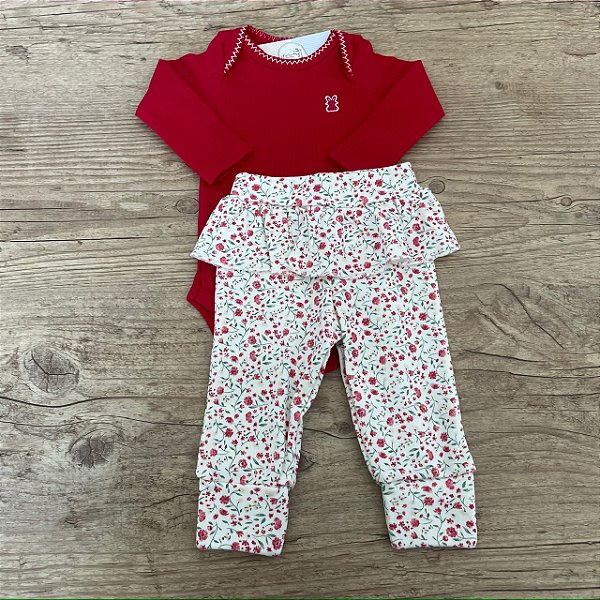 Conjunto Body Vermelho Calça Floral