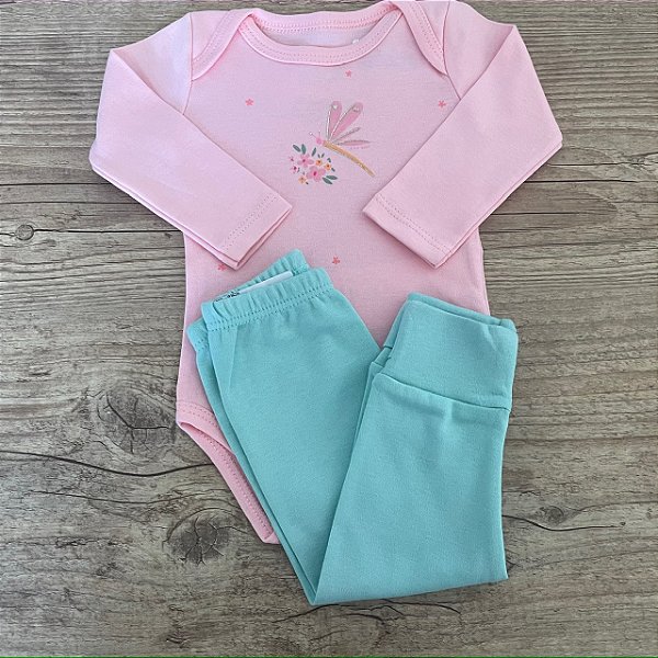 Conjunto Libélula com Calça Verde - Rosa