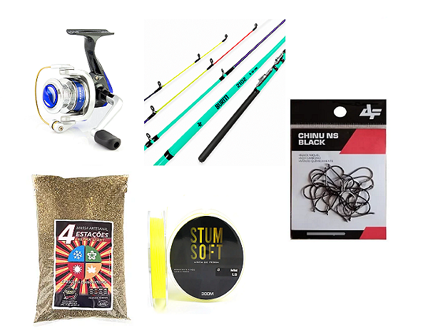 Kit Vara Buriti + Molinete Canario + Stum 0,25 + 4 Estações + chinu n8 + Adesivos