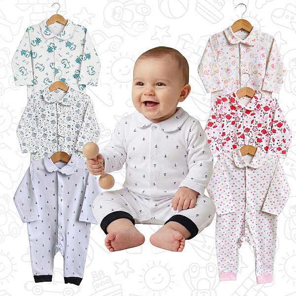 Macacão Longo Para Bebê Menino Menina 100% Algodão Estampado