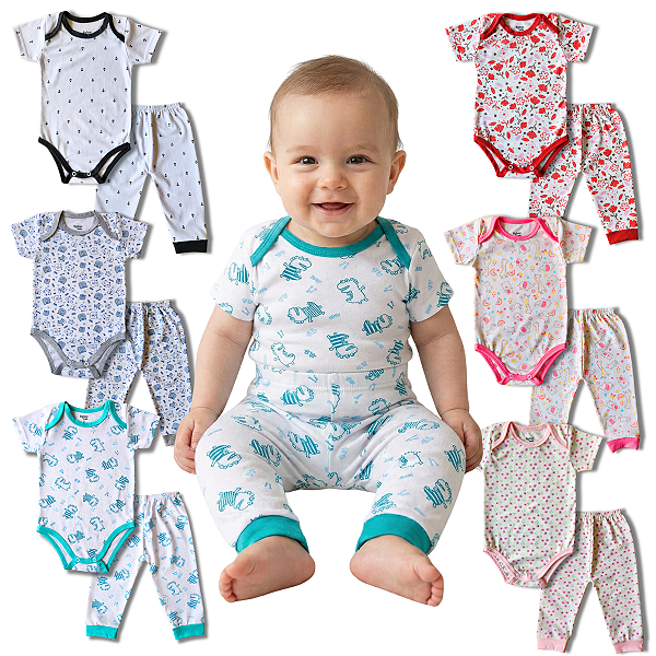 Conjunto Body Manga Curta e Calça Malha Estampado Para Bebê