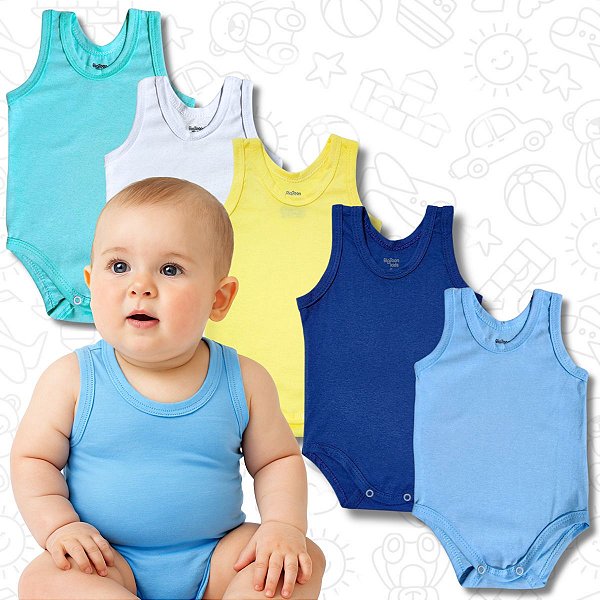 Kit 5 Body Regata Bebê de Algodão Verão Liso Várias Cores