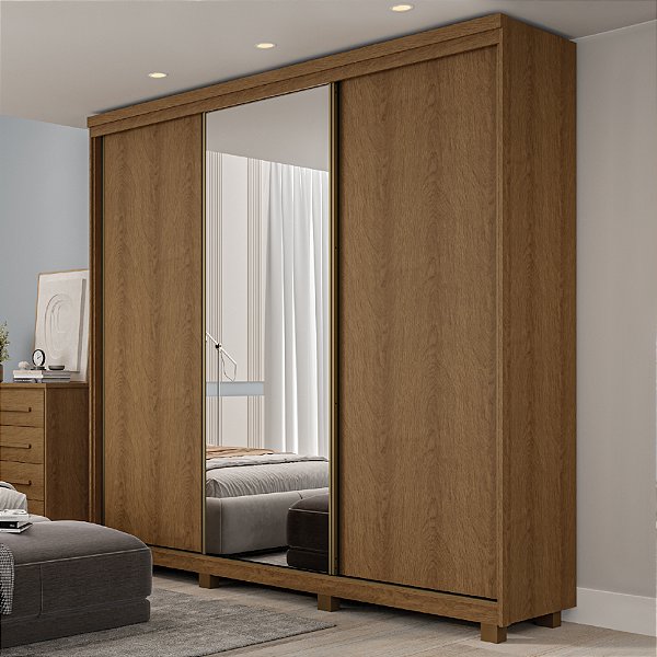 Guarda Roupa Casal 3 Portas de Correr Espelho 2,35m Rimo New Honduras Jequitibá