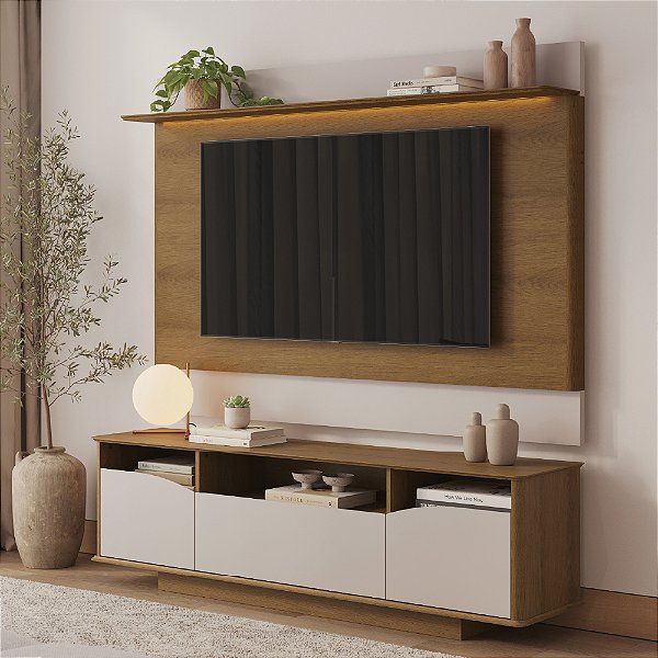 Painel com Rack Para Tv até 65 Polegadas em 100% MDF Enseada Jequitibá/Palha