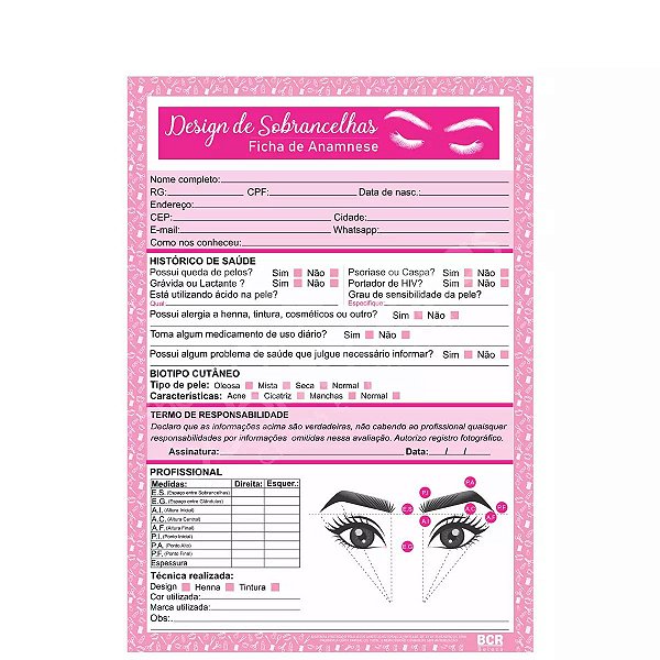 Ficha Anamnese para Desing de Sobrancelhas 14x21cm 50 Folhas - Mega Beleza  Profissional