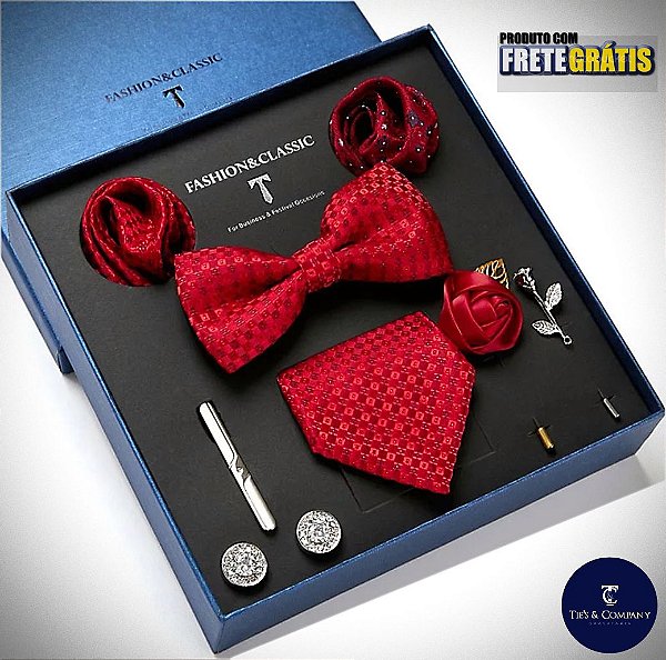 Kit de Luxo C/ 2 Gravatas Vermelha de seda + Lapelas + Lenços de bolso + Abotoaduras + Prendedor