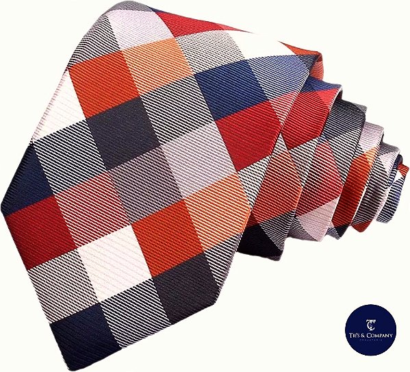 Gravata Semi-Slim Laranja Xadrez Jacquard Luxo Premium