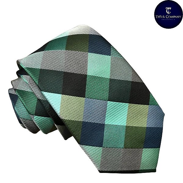 Gravata Semi-Slim Verde Xadrez Jacquard Luxo Premium
