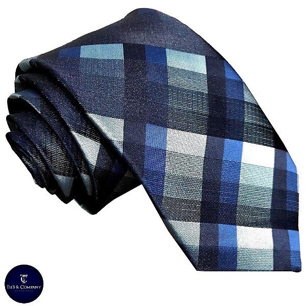 Gravata Semi-Slim Azul Xadrez Jacquard Luxo Premium